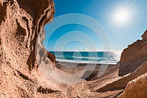 Volcanic cliffs on Vlichada beach, Santorini island, Greece