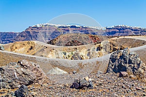 Volcanic crater at National Geological Park of Nea Kameni Volcano Greece