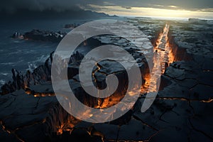 Volcanic eruption amidst ice landscape at twilight