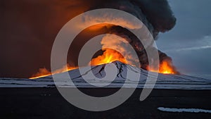 Volcanic eruption on the background of the mountains.