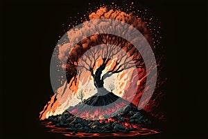 Volcanic eruption. Big tree in the forest. Vector illustration