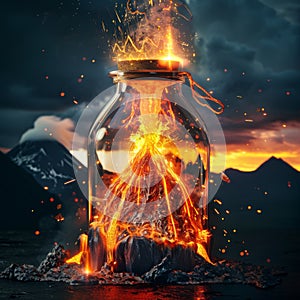 Volcanic Eruption in a Closed Glass Bottle, an Erupting Volcano with Lava Flows