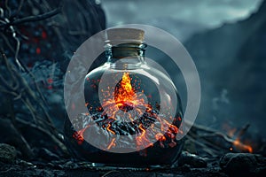 Volcanic Eruption in a Closed Glass Bottle, an Erupting Volcano with Lava Flows