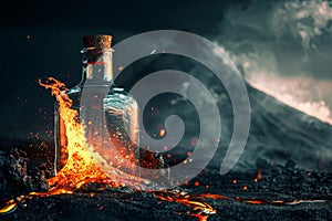 Volcanic Eruption in a Closed Glass Bottle, an Erupting Volcano with Lava Flows