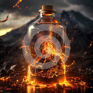 Volcanic Eruption in a Closed Glass Bottle, an Erupting Volcano with Lava Flows