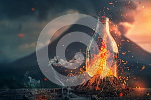 Volcanic Eruption in a Closed Glass Bottle, an Erupting Volcano with Lava Flows