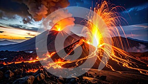 Volcanic Eruption at Dusk, Volcanic spark during initial eruption, volcanology documentation photo