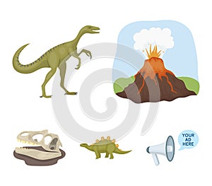 Volcanic eruption, gallimimus, stegosaurus,dinosaur skull. Dinosaur and prehistoric period set collection icons in