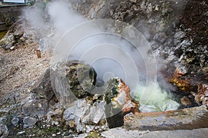 Volcanic eruption of hot steam in Furnas, Sao Miguel island, Azores archipelago