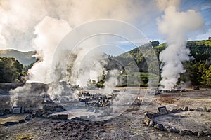 Volcanic eruption of hot steam in Furnas, Sao Miguel island, Azores archipelago