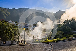 Volcanic eruption of hot steam in Furnas, Sao Miguel island, Azores archipelago