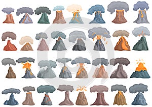 Volcanic eruption icons set cartoon vector. Volcano adventure