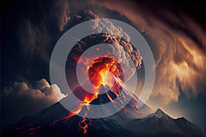 Volcanic eruption in Italy. Powerful explosion. Lava flows. Lots of smoke and fire. Generative AI Art. Apocalypse