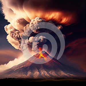 Volcanic eruption in Italy. Powerful explosion. Lava flows. Lots of smoke and fire. Generative AI Art. Apocalypse