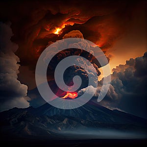 Volcanic eruption in Italy. Powerful explosion. Lava flows. Lots of smoke and fire. Generative AI Art. Apocalypse