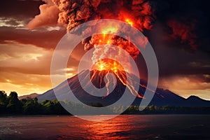 Volcanic eruption on Kamchatka Peninsula in the summer, Photo of the volcanic eruption Krakatoa, AI Generated