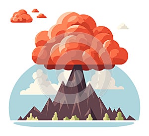 Volcanic eruption with large ash cloud vector illustration. Cartoon volcano exploding with smoke and ash