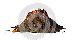 Volcanic eruption, lava coming down a volcano, isolated on white background 3d science rendering