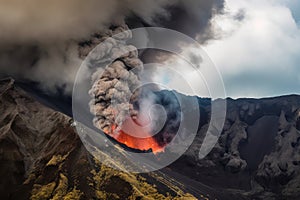 volcanic eruption, with lava flow racing down the side of the mountain and into valley below