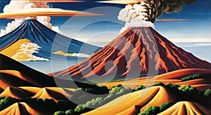 Volcanic eruption natural disater landscape digital painting illustation. Ai generated for kids books