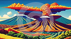 Volcanic eruption natural disater landscape digital painting illustation. Ai generated for kids books