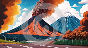 Volcanic eruption natural disater landscape digital painting illustation. Ai generated for kids books