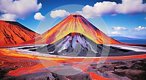 Volcanic eruption natural disater landscape digital painting illustation. Ai generated for kids books