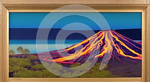 Volcanic eruption natural disater landscape digital painting illustation. Ai generated for kids books