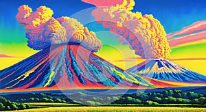 Volcanic eruption natural disater landscape digital painting illustation. Ai generated for kids books