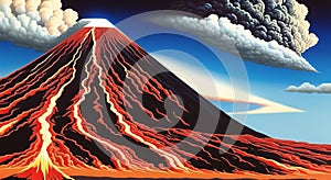 Volcanic eruption natural disater landscape digital painting illustation. Ai generated for kids books