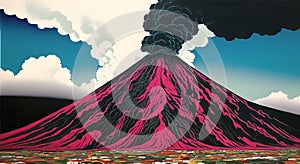 Volcanic eruption natural disater landscape digital painting illustation. Ai generated for kids books