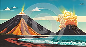 Volcanic eruption natural disater landscape digital painting illustation. Ai generated for kids books