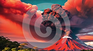 Volcanic eruption natural disater landscape digital painting illustation. Ai generated for kids books