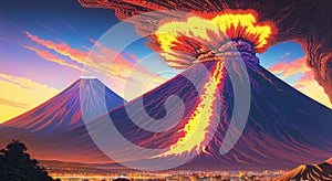 Volcanic eruption natural disater landscape digital painting illustation. Ai generated for kids books