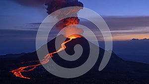 Volcanic eruption at night with flowing lava and ashes cloud