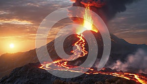 Volcanic eruption at night with flowing lava and ashes cloud