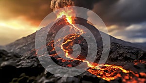 Volcanic eruption at night with flowing lava and ashes cloud