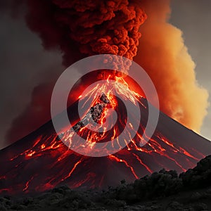 Volcanic eruption. Smoke comes from the crater of the volcano and fire lava flows. Natural phenomenon.