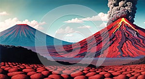 Volcanic eruption smoke landscape digital painting illustation. Ai generated for kids books