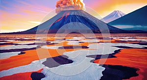 Volcanic eruption smoke landscape digital painting illustation. Ai generated for kids books