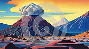 Volcanic eruption smoke landscape digital painting illustation. Ai generated for kids books