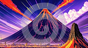 Volcanic eruption smoke landscape digital painting illustation. Ai generated for kids books