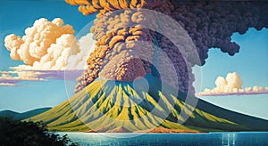 Volcanic eruption smoke landscape digital painting illustation. Ai generated for kids books