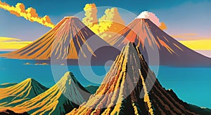 Volcanic eruption smoke landscape digital painting illustation. Ai generated for kids books