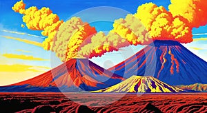 Volcanic eruption smoke landscape digital painting illustation. Ai generated for kids books