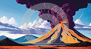 Volcanic eruption smoke landscape digital painting illustation. Ai generated for kids books