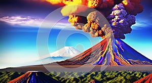 Volcanic eruption smoke landscape digital painting illustation. Ai generated for kids books