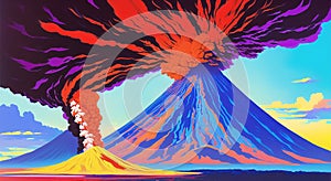 Volcanic eruption smoke landscape digital painting illustation. Ai generated for kids books