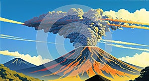 Volcanic eruption smoke landscape digital painting illustation. Ai generated for kids books