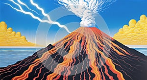 Volcanic eruption smoke landscape digital painting illustation. Ai generated for kids books